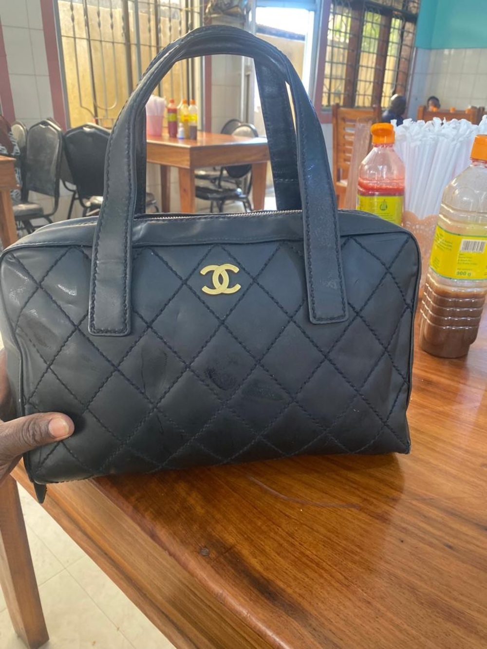 CHANEL Black Quilted Leather Top-Handle Shoulder Bag with Gold CC